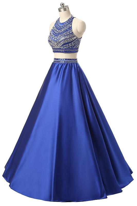 Elegant High Neck Beading Crystal Prom Dresses Long Satin A Line Two Pieces Evening Gowns