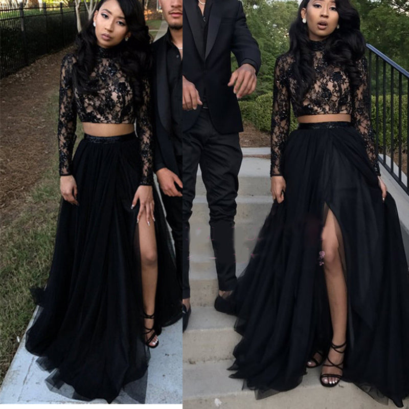 Vestidos de fiesta con top corto de encaje negro para niñas, vestidos de graduación para último año de secundaria, vestidos formales largos 