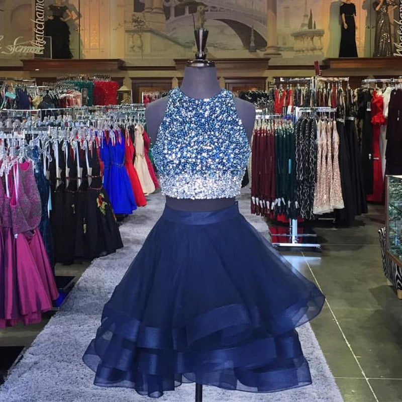 Crop Top Ombre Beaded Puffy Homecoming Prom Dress Short Skirt Cocktail Party Gown