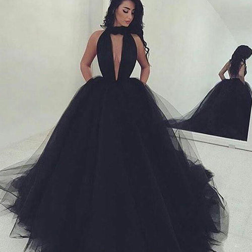 LP632 Black Prom Dress High Neck Puffy Ball Gown Formal Dress ,Backless Evening Dresses Long Party Gowns