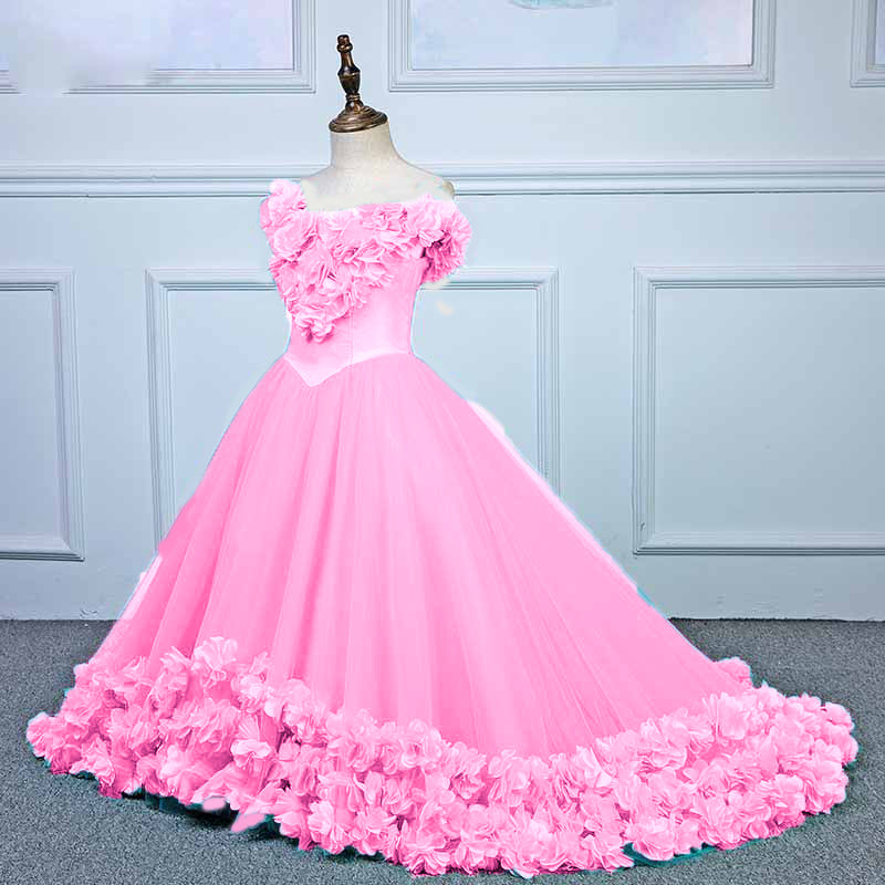 Sweet Pink Rose flower girl dress  Ball Gown girls formal dress Pageant Gown Children Party Gown Communion Dress