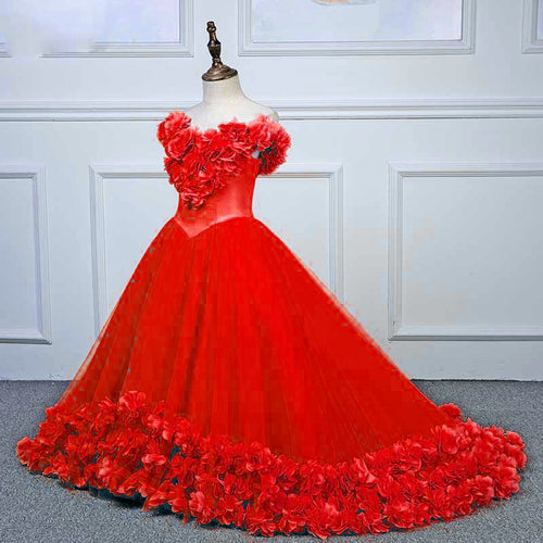 Sweet Pink Rose flower girl dress  Ball Gown girls formal dress Pageant Gown Children Party Gown Communion Dress
