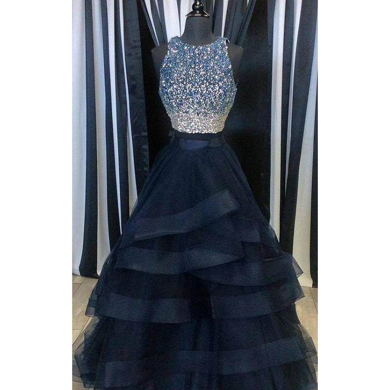 Siaoryne LP0828 two Pieces  Boat Neck Long Prom Dress with Beading Girls Party layered Evening Gown