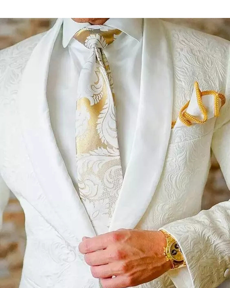 Shawl Lapel Ivory Jacquard Pattern Wedding Suit for Men 2 Pieces