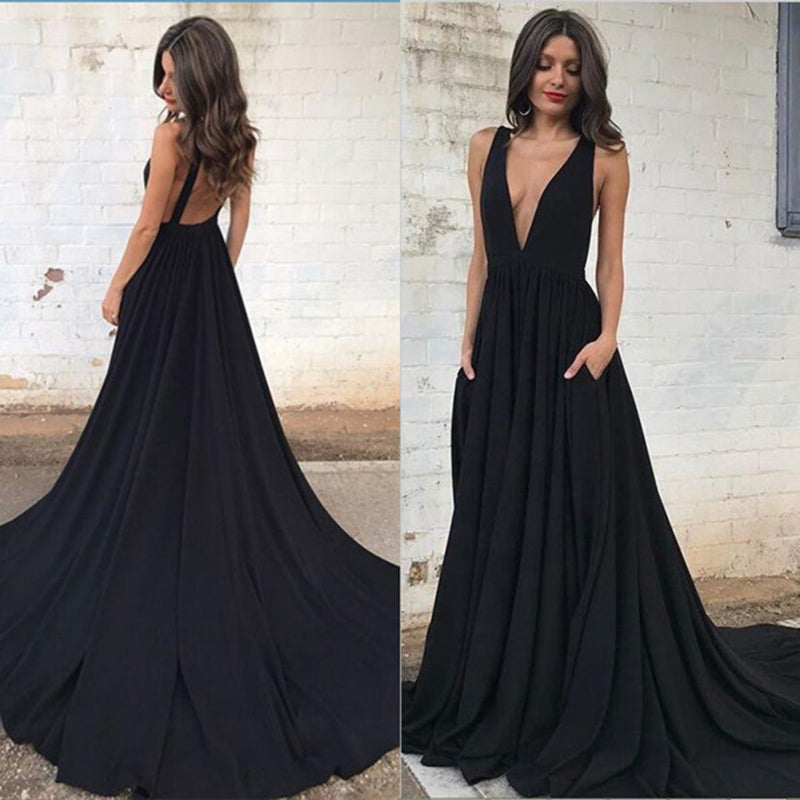 black deep v neck long formal gown women evening dresses