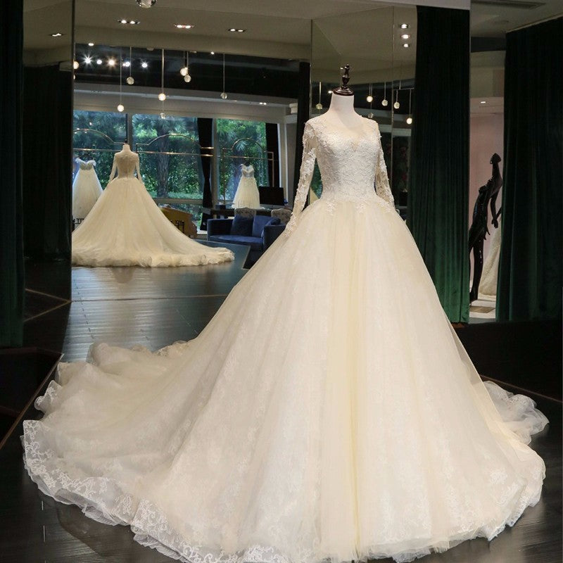 Siaoryne WD0912 Vestidos de novia de lujo con cola de corte vintage y encaje en forma de A y mangas largas