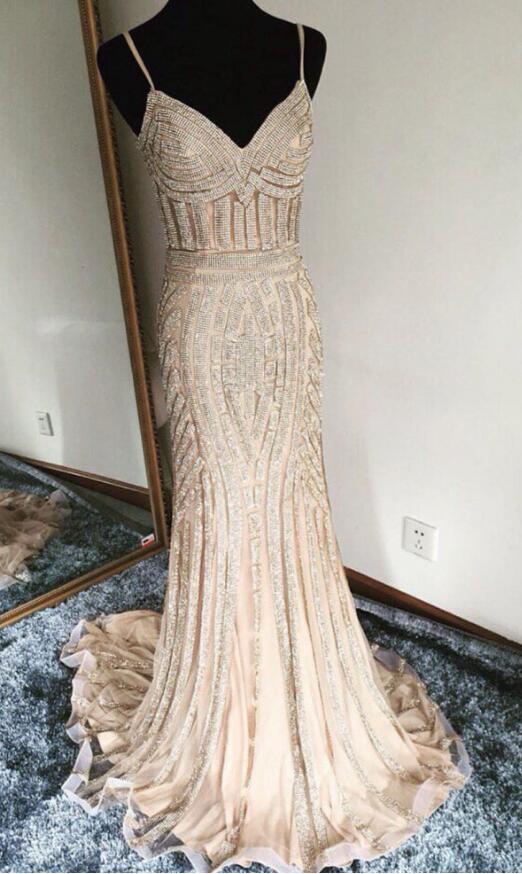 Siaoryne ElegantMermaid Spaghetti Women  Gold Prom Evening Gown Mermaid Long PL2110