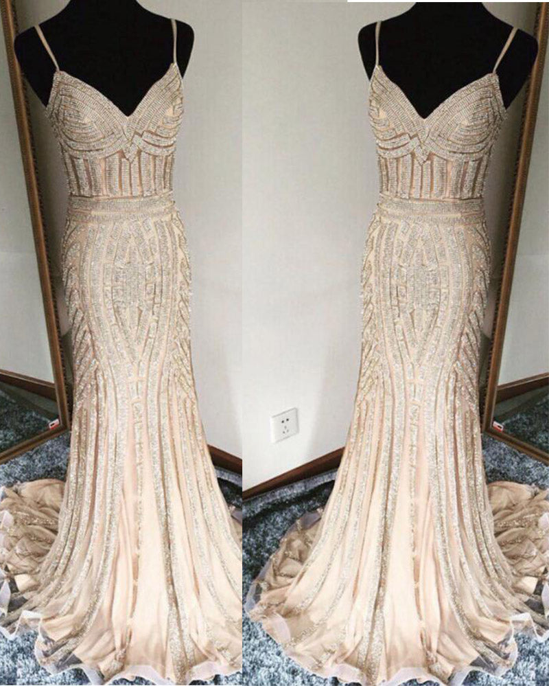 Siaoryne ElegantMermaid Spaghetti Women  Gold Prom Evening Gown Mermaid Long PL2110