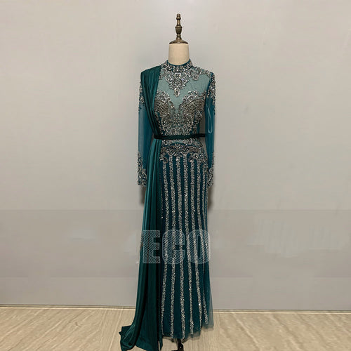 2020 Muslim beading Evening Dresses High Neck Dubai Long Sleeve prom gown Mermaid Women Party Dress CB0903