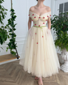 Stunning Teal Length Off the Shoulder Beige Cottagecore Prom Dress with Red Cherry Tulle Short Graduation Dress PL10919