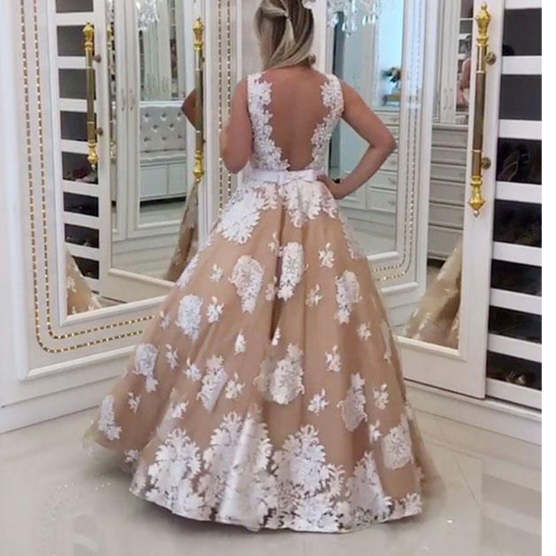 champagne prom dresses 2018 Champagne v neck tulle lace long prom dress champagne evening dress