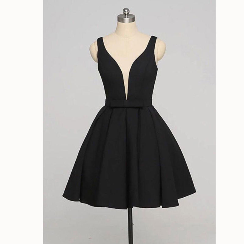 Vestido de cóctel semiformal negro sencillo con escote en V, corto, para fiesta de graduación y regreso a casa 