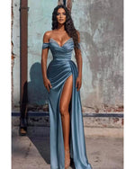 Dusty Wathet Blue Off the Shoulder Fitted Sexy Long Party Dress with High Slit Long Evening Gown PL2278