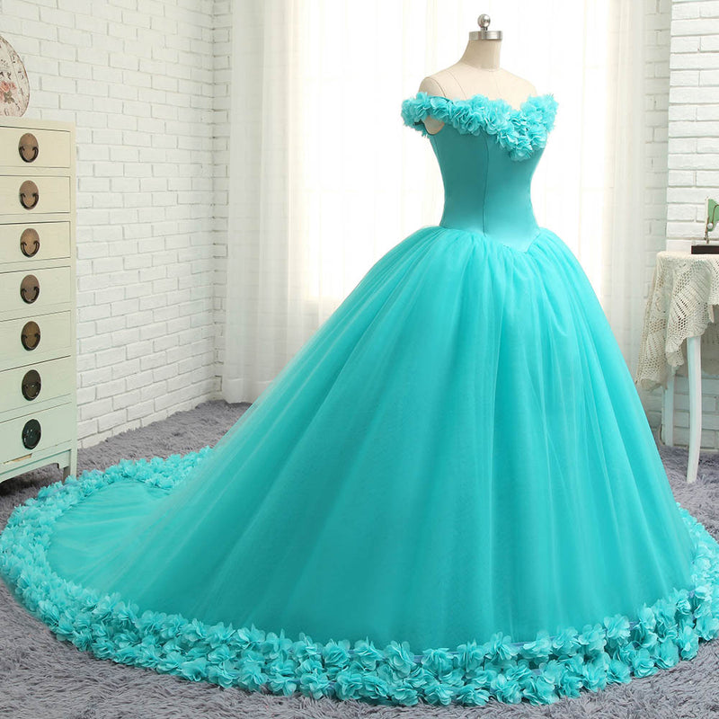 Hand made 3D Flowers Light Blue Wedding Dress Princess Ball Gown Off the Shoulder Quinceanera Dress Debutante Gown WD7703