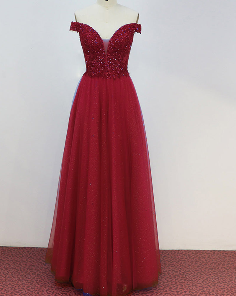 Siaoryne Wine Red Beaded Lace Glitter Off Shoulder Long Fromal Evening Dress Gown Vestido Longo PL0611