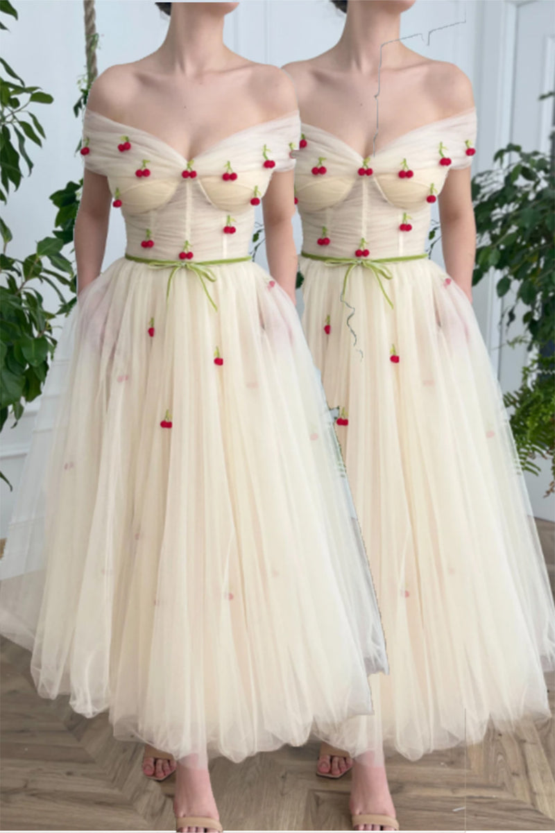Stunning Teal Length Off the Shoulder Beige Cottagecore Prom Dress with Red Cherry Tulle Short Graduation Dress PL10919