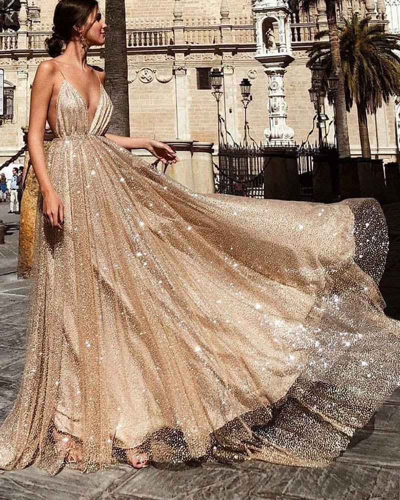 Spaghetti Straps Sequins Gold Women Formal Dresses Long Evening Party Gowns