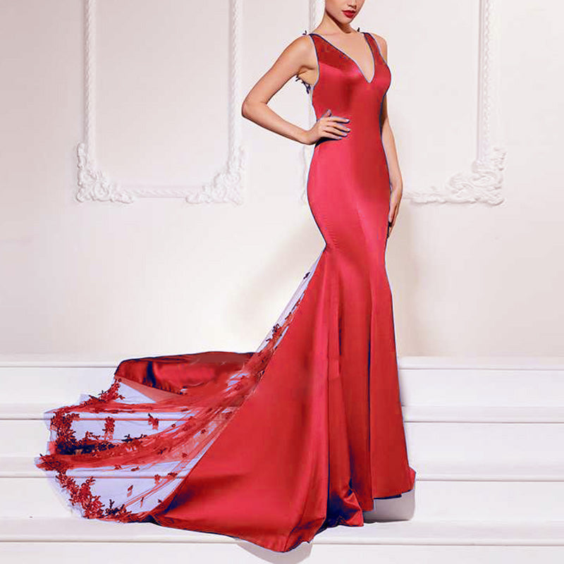 Burgundy Satin Lace Appliqued V Neck Mermaid Prom Dress Women Formal Evening Long Dresses