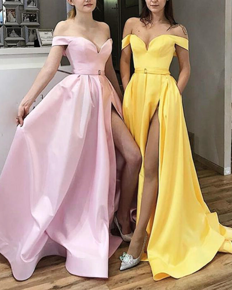 Elegant Pink/Yellow Off The Shoulder 2020 Evening Prom Dress Long vestidos baile de formatura with Pocket LP1153