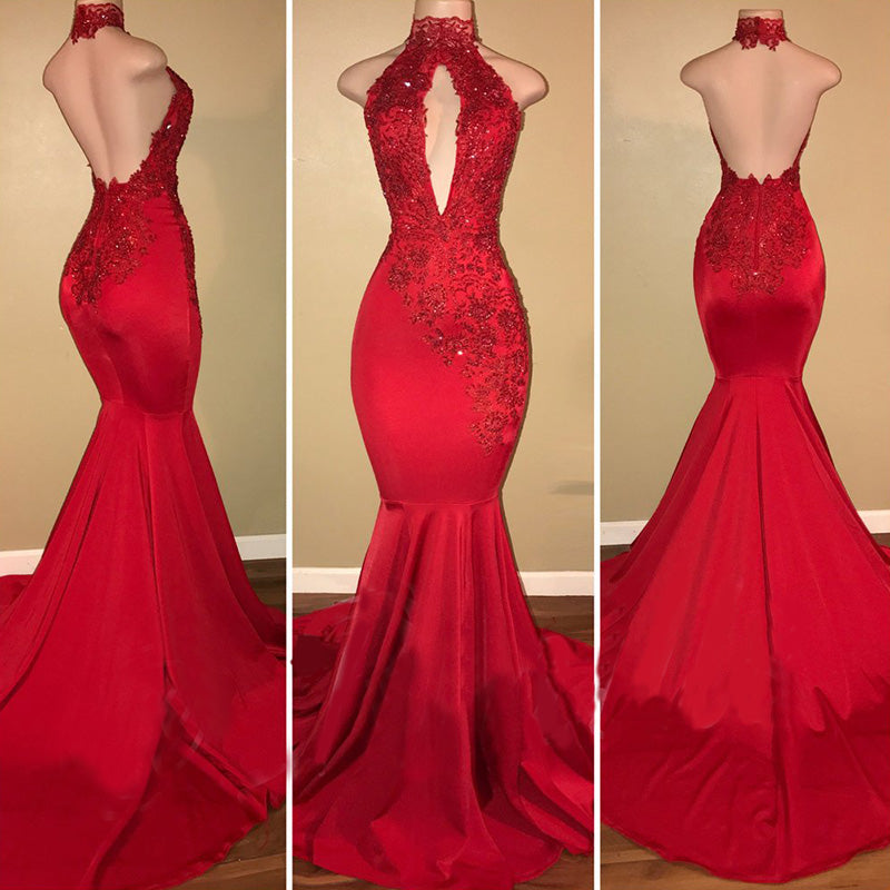 Halter High Neck Red Lace Women  Evening Prom Dresses Long LP321