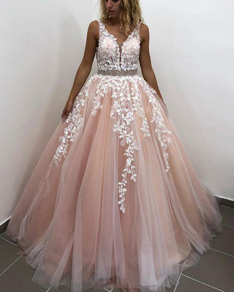 V Neck Gray/Pink Tulle and White Lace Prom Dress with Beading Belt PL6854
