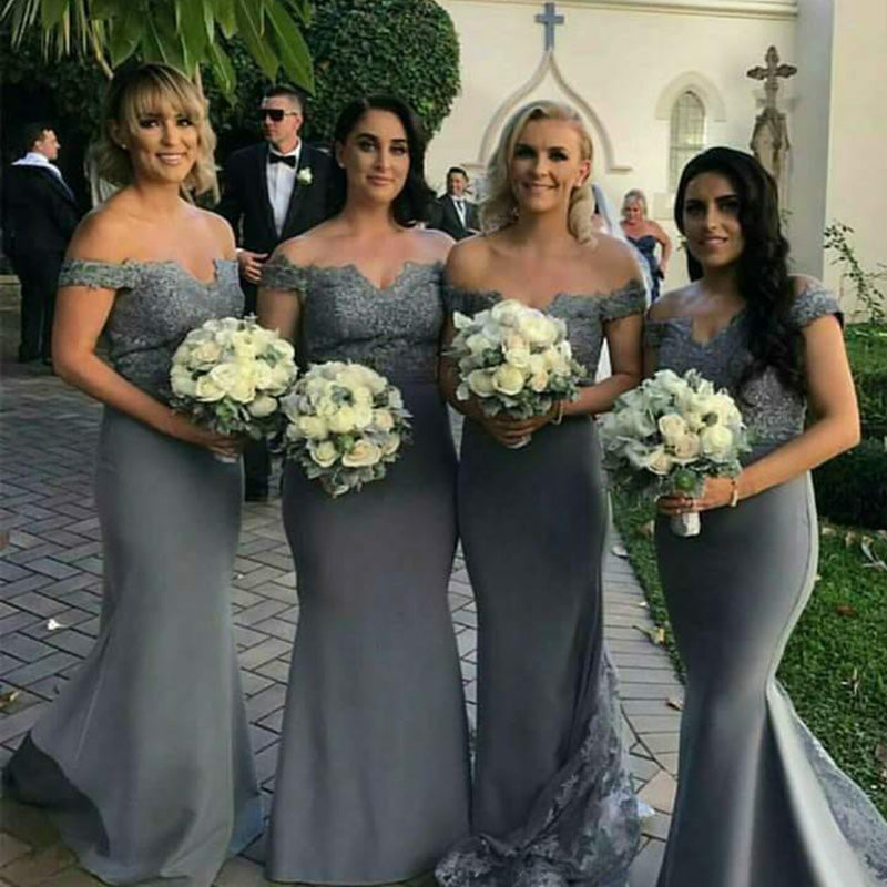 Elegant Off the Shoulder Grey Bridesmaid Dresses Long Mermaid Wedding Guests Formal Gown for Women