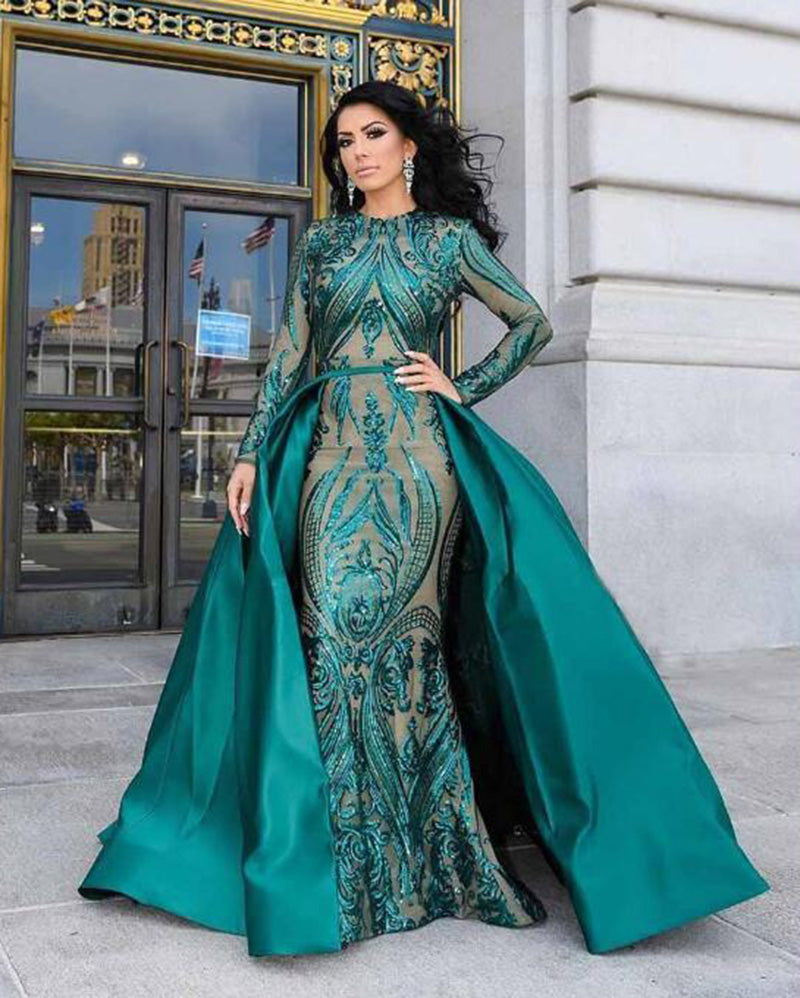 Vestidos de noche árabes de sirena de lujo con lentejuelas verdes, vestidos formales para mujer con cola desmontable PL2258