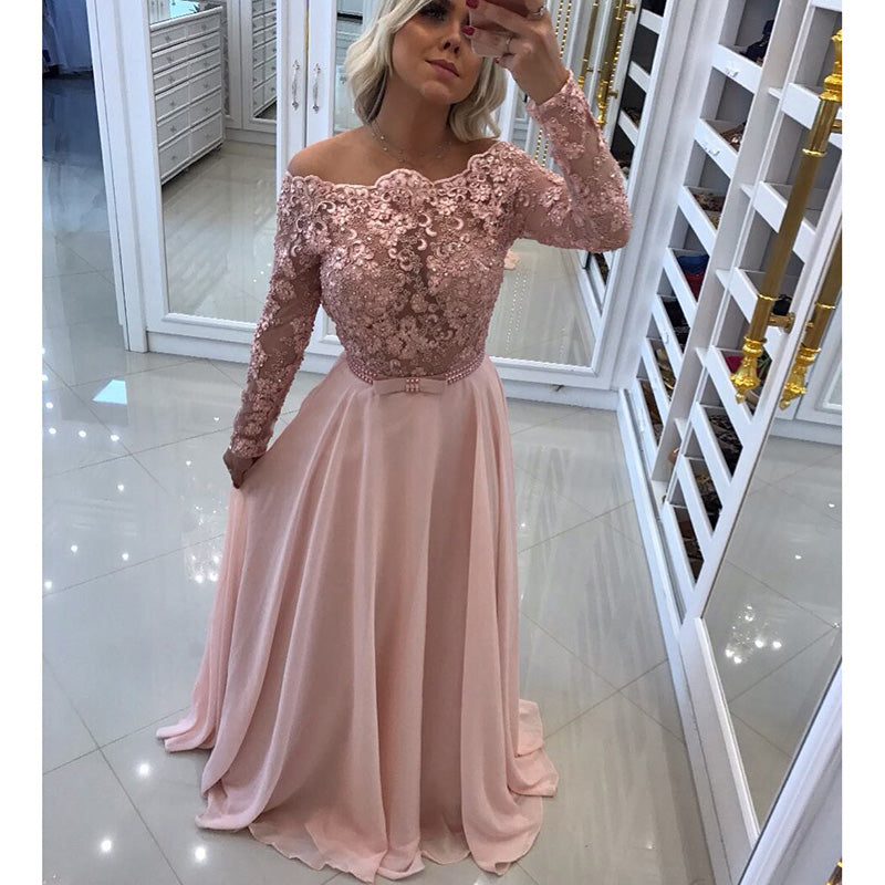 Fancy Pink Off the Shoulder Lace Chiffon Long Sleeves Prom Dresses Girls Formal Wear