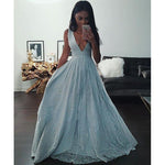 Sexy A Line Blue Deep V Neck Lace Sequins Prom Dresses Long Women Formal Gown