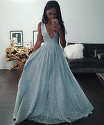 Sexy A Line Blue Deep V Neck Lace Sequins Prom Dresses Long Women Formal Gown