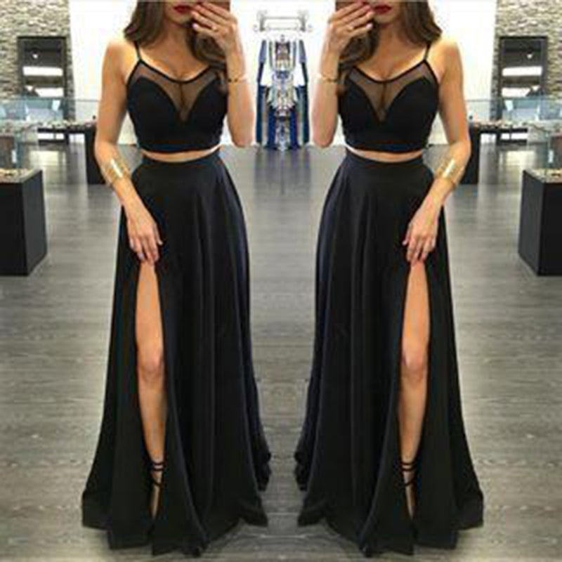 Sexy Black Prom Dress Crop Top Spaghetti Straps Long Party Girls evening Dress with Slit