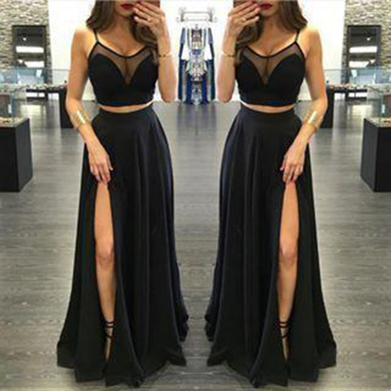 Vestido de fiesta negro sexy con top corto y tirantes finos, vestido de noche largo para niñas con abertura 