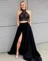Sexy Lace Black 2 pieces Evening Dress Halter Summer Long Formal Party Gown with Slit  PL10714