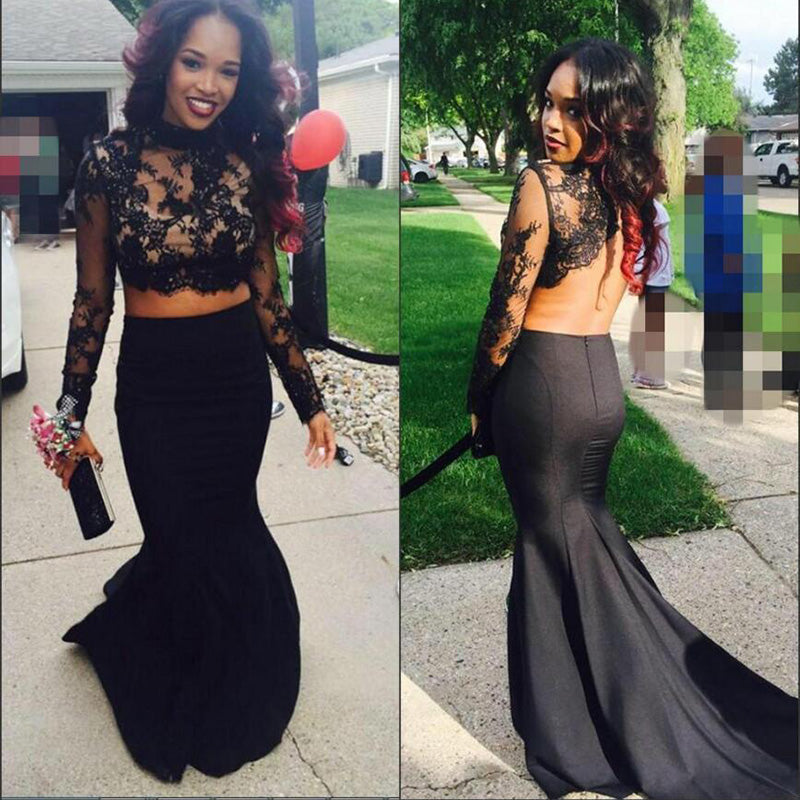 Trendy Two Pieces Crop Top Prom Dress Black Lace Formal Evening Dresses mermaid 2018