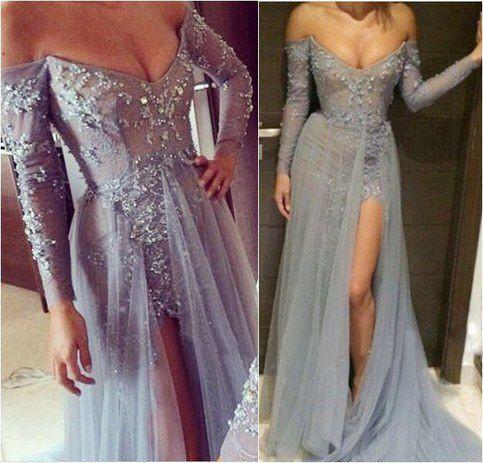 Grey Off the Shoulder Lace Beaded Prom Dresses with Long Sleeves Formal Dubai Evening Gown 2020