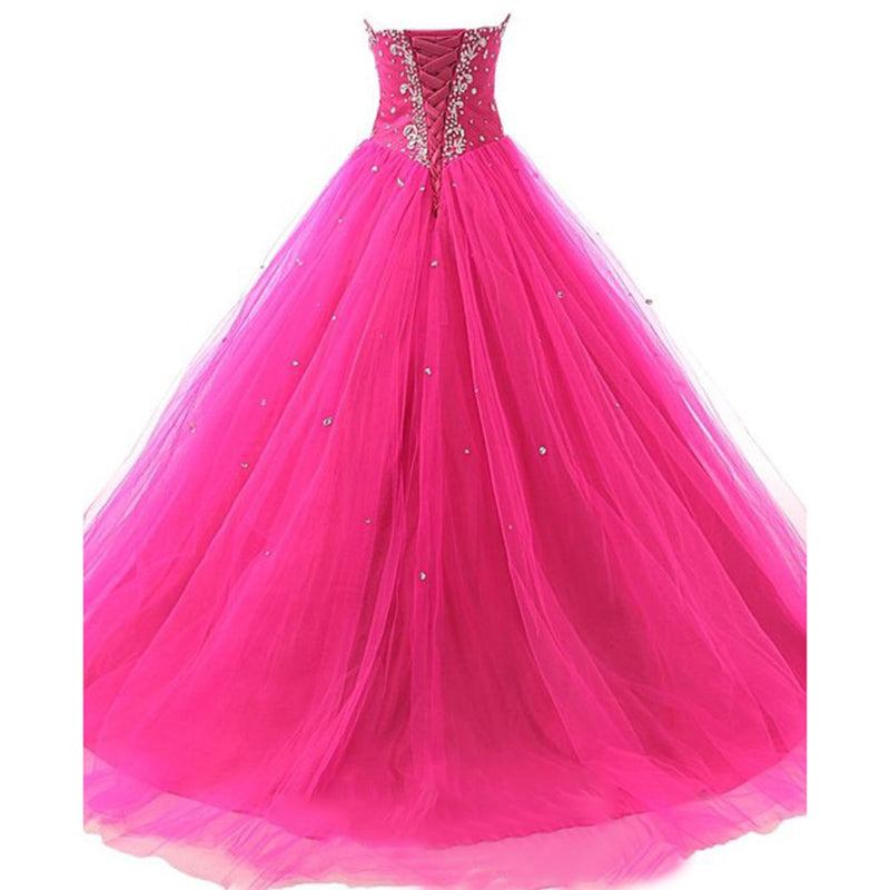 Fuchsia Sweetheart Masquerade Gown Ball Gown Tulle Prom Dresses with Beading Crystal Quinceanera Dress