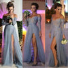 Grey Off the Shoulder Lace Beaded Prom Dresses with Long Sleeves Formal Dubai Evening Gown 2020
