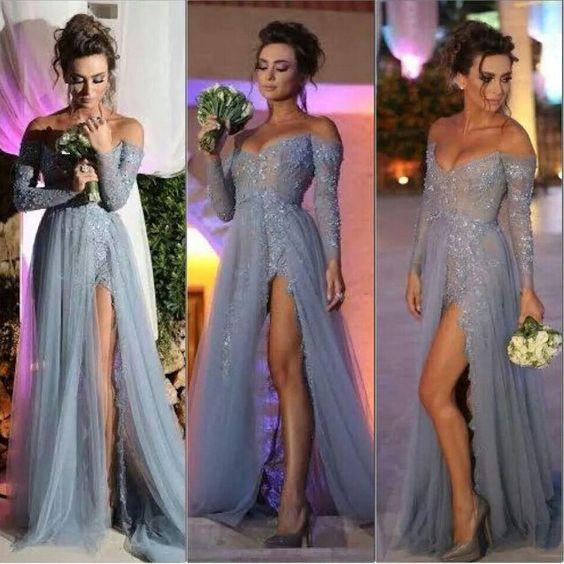 Grey Off the Shoulder Lace Beaded Prom Dresses with Long Sleeves Formal Dubai Evening Gown 2020