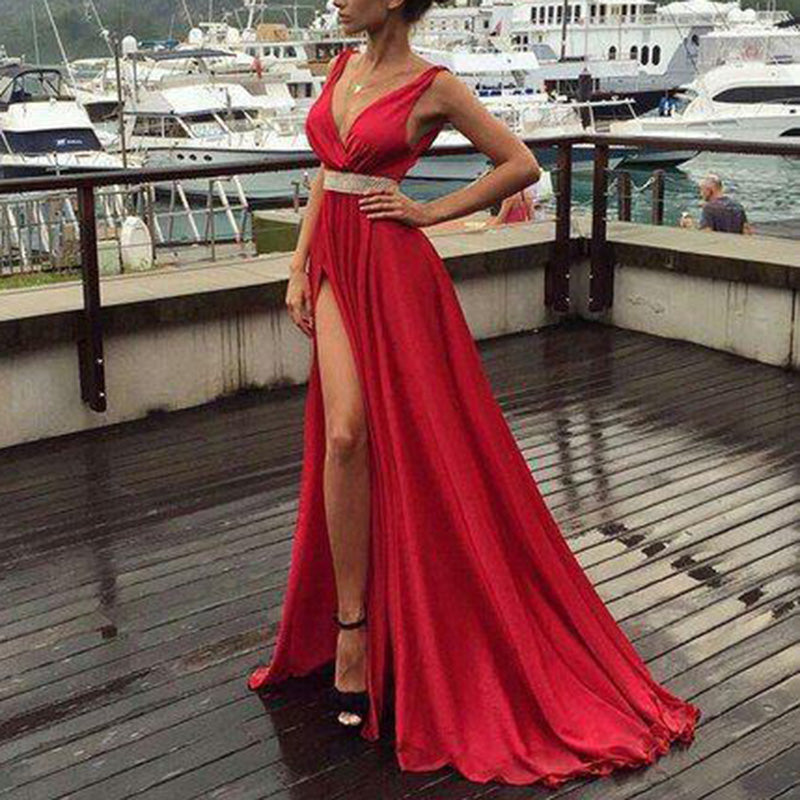 Red Prom Dress Sexy Deep V neck 2018 A Line Long Evening Dress vestido de festa longo