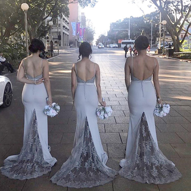 Spaghetti Srtaps Fitted Long Dress Bridesmaid Gown with Lace Appliques ,maid of honor dress for women