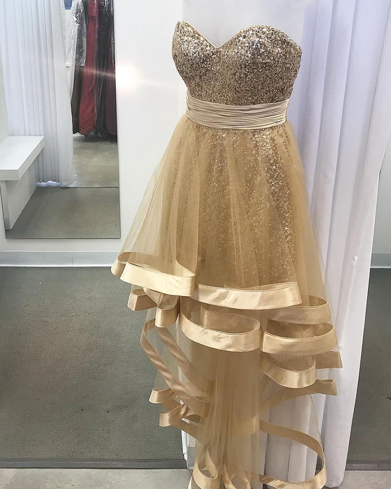 Gold Sweetheart Sequins High Low Party Prom Dress for Girls PL55870