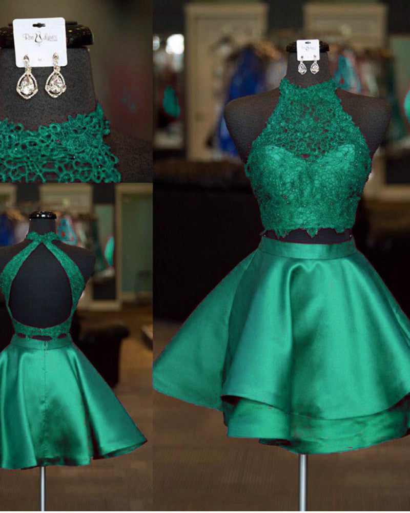 Halter Two Pieces Short Homecoming Dress Lace A Line Satin Cocktail Poofy Skirt Girls Short Prom Gown