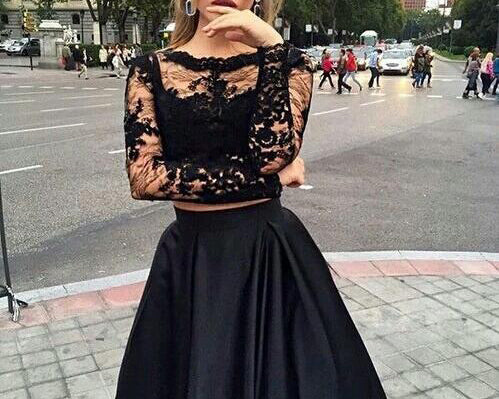 Girls Crop Top Long Senior Graduation Prom Gown Black Homecoming Dress with Long Sleeve