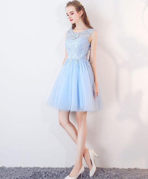 Scoop Neck Light Blue Short Prom Dresses Lace Girls Junior Graduation Dress for 8th Grade