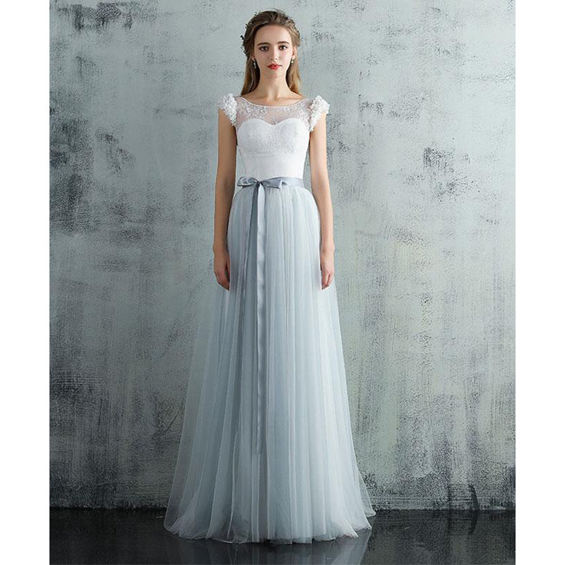 Robe de mariée bohème élégante à manches courtes blanche/bleue, robe de mariée de plage avec ceinture 