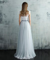 Elegant White/Blue Cap Sleeves Boho Wedding Dress Beach Bridal Dress  with Belt