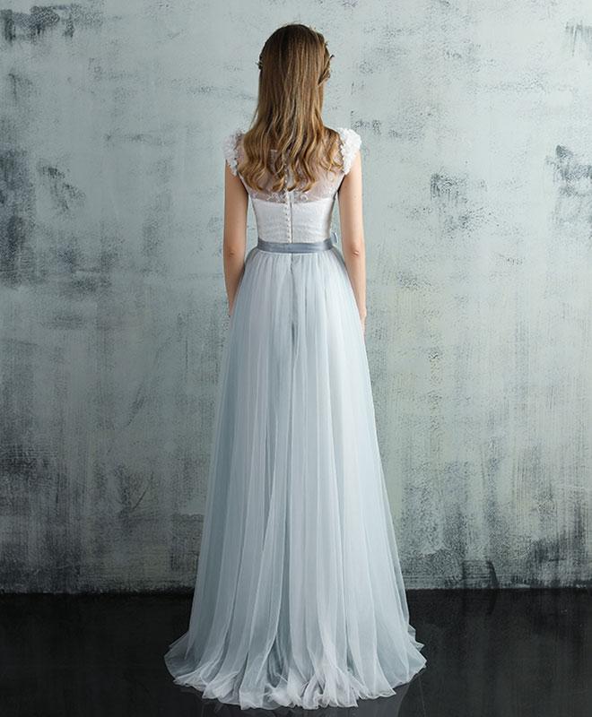 Elegant White/Blue Cap Sleeves Boho Wedding Dress Beach Bridal Dress  with Belt