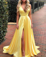 Bright Yellow Sexy Slit Long Girls Graduation Prom Dresses 2019 PL6956
