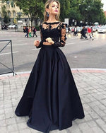 Girls Crop Top Long Senior Graduation Prom Gown Black Homecoming Dress with Long Sleeve