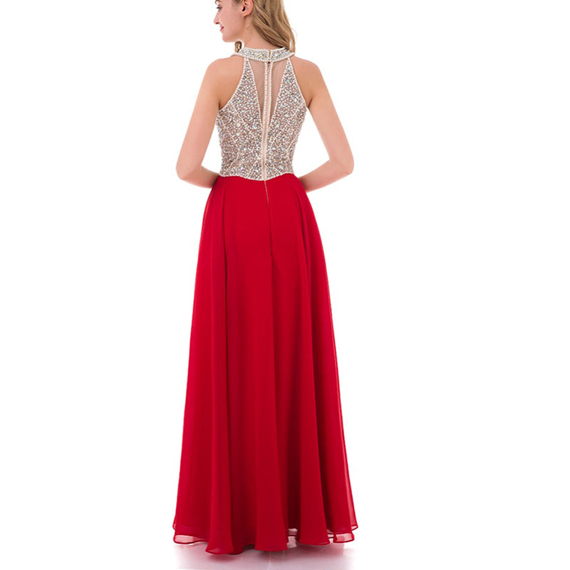 Fashion New  Halter Beading Long Red Graduation Prom Dress Girls Formal Gown LP0594